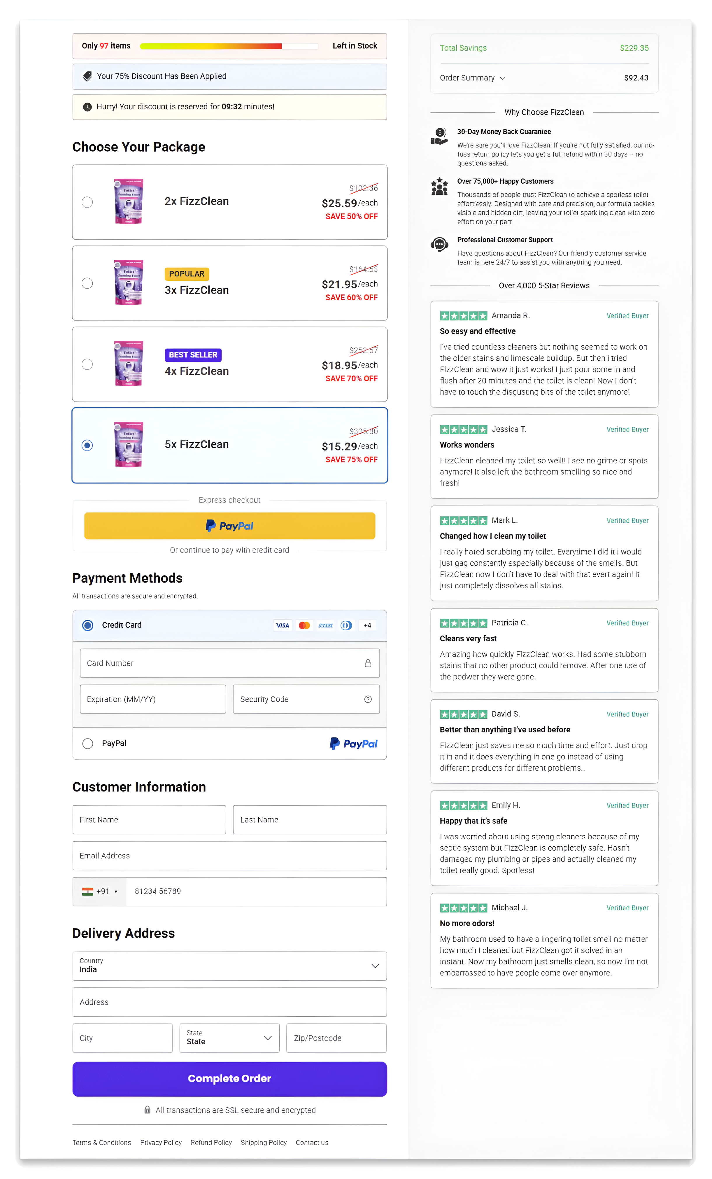 FizzClean Foaming Powder checkout page